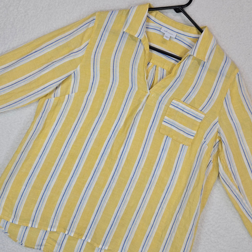 J. Jill Love Linen Tunic M Yellow Blue Stripe Coastal Mediterranean Popover - Picture 2 of 13